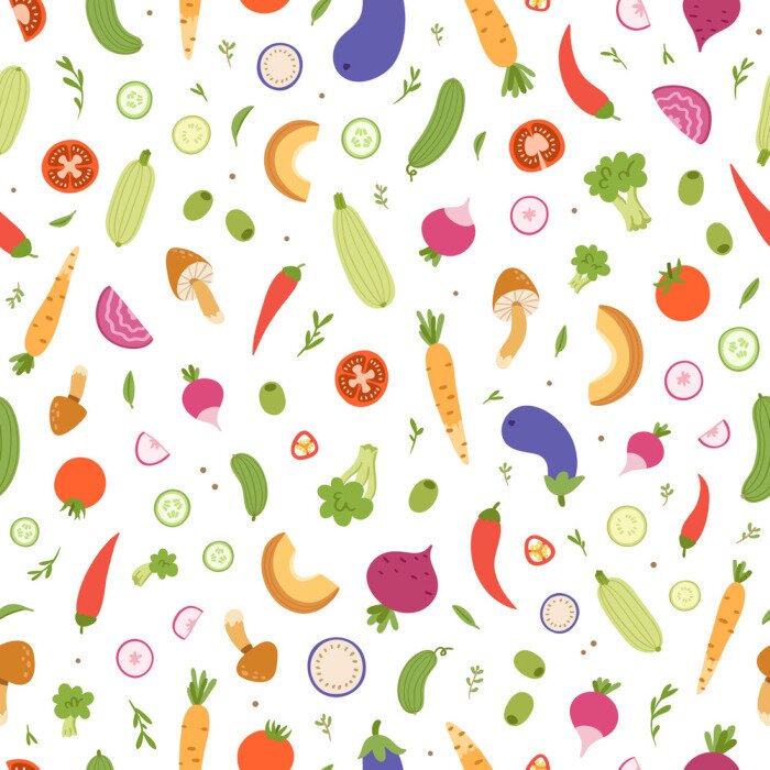 Tapete Grafisches buntes Gemüse ganz und in Scheiben geschnitten