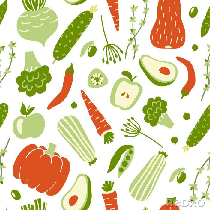 Tapete Grafisches Gemüse in Grün und Orange