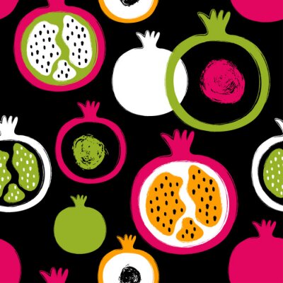 Tapete Granatäpfel in abstrakten Farben auf schwarzem Hintergrund