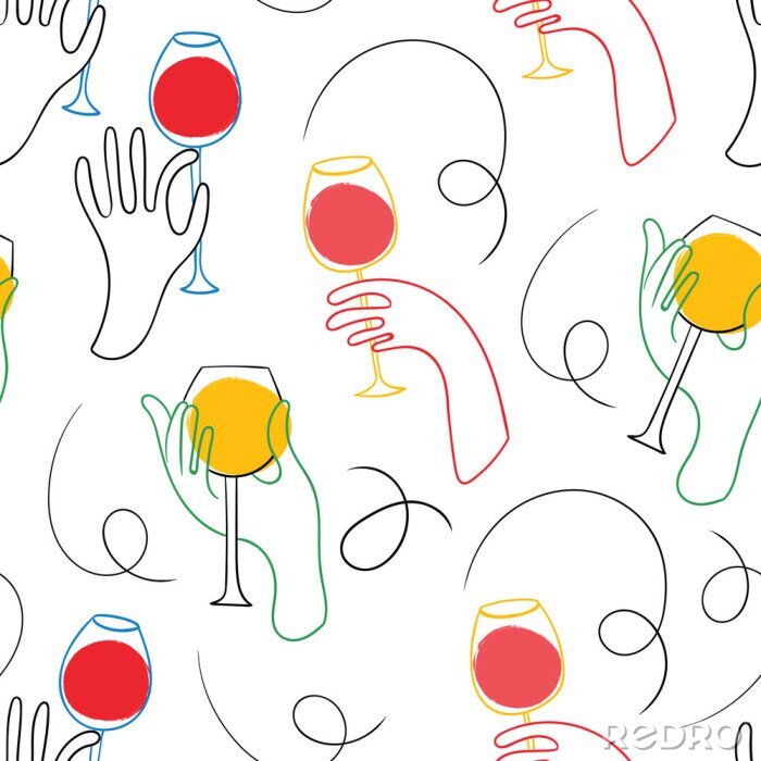 Tapete Graphic one line hands with wine. Hand drawn colored vector seamless pattern