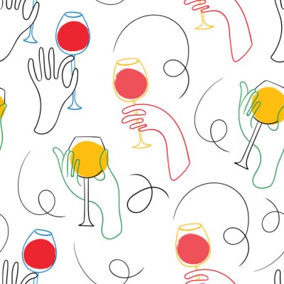 Tapete Graphic one line hands with wine. Hand drawn colored vector seamless pattern