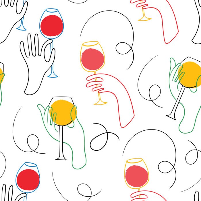 Tapete Graphic one line hands with wine. Hand drawn colored vector seamless pattern