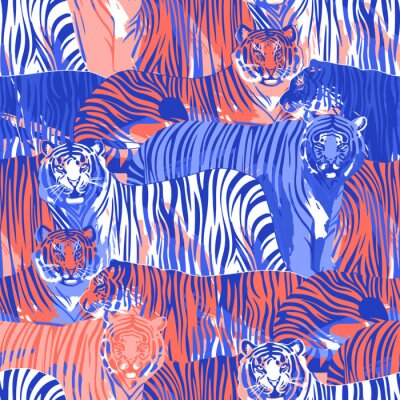 Tapete Graphic seamless pattern of standing and walking tigers.