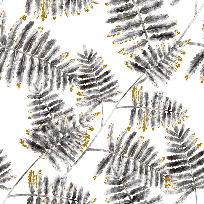 Tapete Graue Farnblätter mit bunten Details