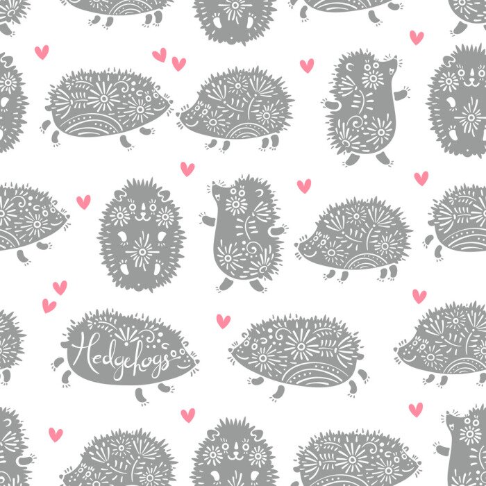 Tapete Graue Igelchen und rosa Herzchen