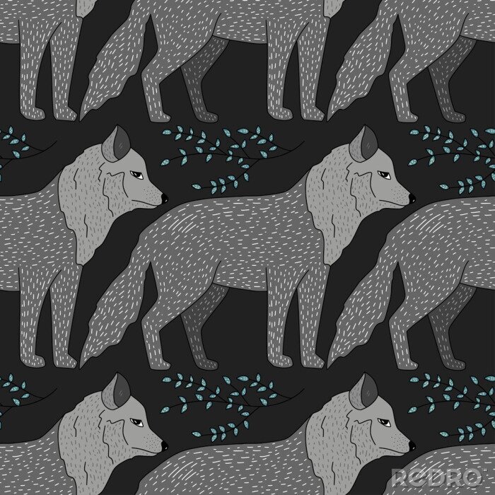 Tapete Graue Wölfe und kleine Blätter auf schwarzem Hintergrund