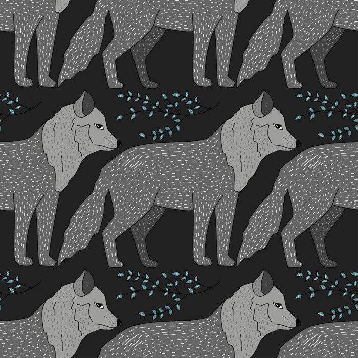 Tapete Graue Wölfe und kleine Blätter auf schwarzem Hintergrund