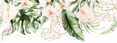 Green tropical leaves and blush flowers on white background. Watercolor hand painted seamless border. Floral tropic illustration. Jungle foliage pattern.