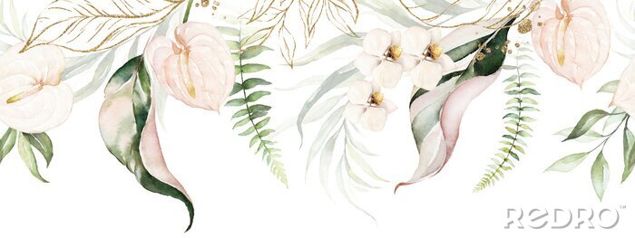 Tapete Green tropical leaves and blush flowers on white background. Watercolor hand painted seamless border. Floral tropic illustration. Jungle foliage pattern.