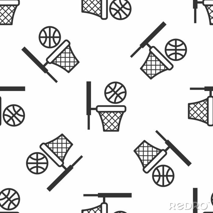 Tapete Grey Basketball ball and basket icon isolated seamless pattern on white background. Ball in basketball hoop. Vector Illustration