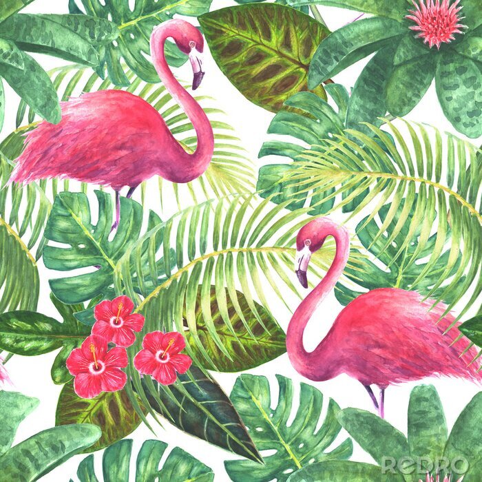 Tapete Grün-rosa Motiv mit Blumen und Flamingos