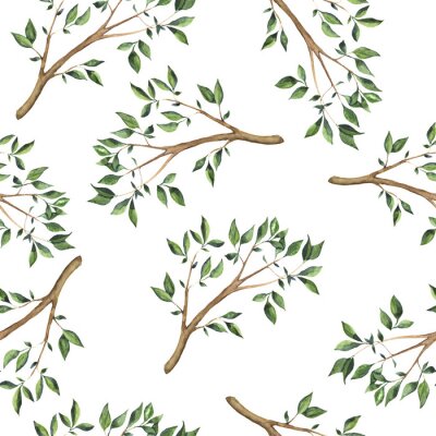 Tapete Grüne Baum Zweige nahtlose Muster gemalt von Aquarell. Hand gezeichnet Illustration.