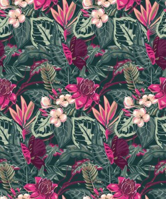 Tapete Grüne Blätter und rosa tropische Blumen