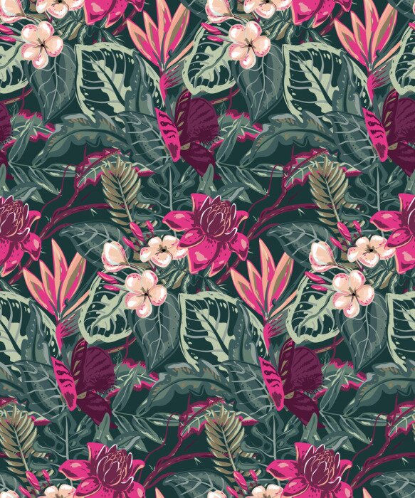 Tapete Grüne Blätter und rosa tropische Blumen