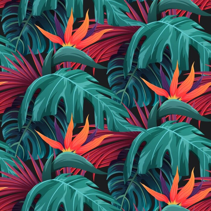 Tapete Grüne Blätter und rote tropische Blumen