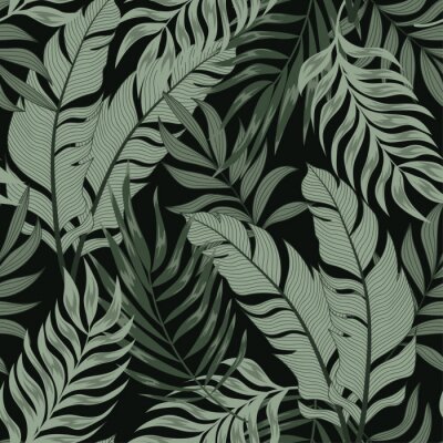 Tapete Grüne tropische Blätter auf schwarzem Hintergrund