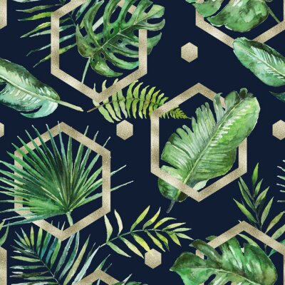 Tapete Grüne tropische Palmen- und Farnblätter mit den geometrischen Goldformen auf schwarzem Hintergrund. Aquarell handgemaltes nahtloses Muster. Tropische Illustration. Dschungellaub