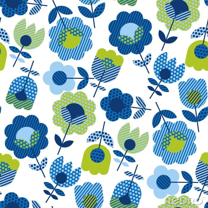 Tapete Grüne und blaue Blumen mit Tupfen und Streifen