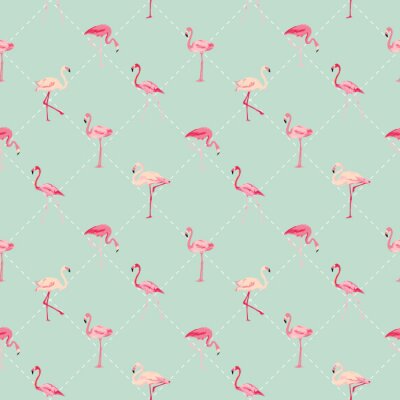 Grünes Motiv mit geometrischen Formen und Flamingos