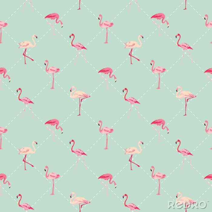 Tapete Grünes Motiv mit geometrischen Formen und Flamingos