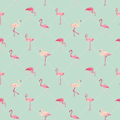Tapete Grünes Motiv mit geometrischen Formen und Flamingos