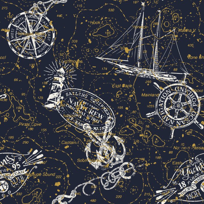 Tapete Grunge vintage nautical chart  with marine badges and elements vector seamless pattern