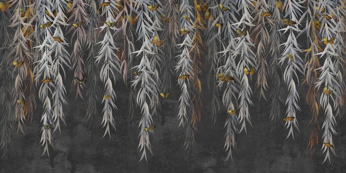 Tapete Hängende Pflanzen und Schmetterlinge auf dunklem Hintergrund