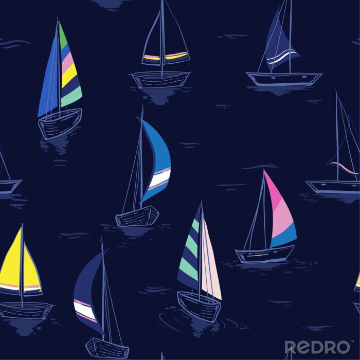 Tapete Hand drawing sketch Seamless summer sea pattern with sailing ships on navy blue background.