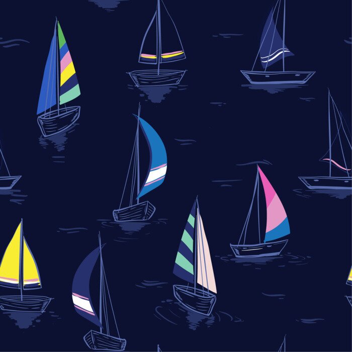 Tapete Hand drawing sketch Seamless summer sea pattern with sailing ships on navy blue background.