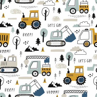 Tapete Hand drawn cute cars - Truck, tractor, cargo crane, bulldozer, excavator. Seamless vector pattern with cute cars for fabric, textile and wallpaper design. Vector cars in scandinavian style