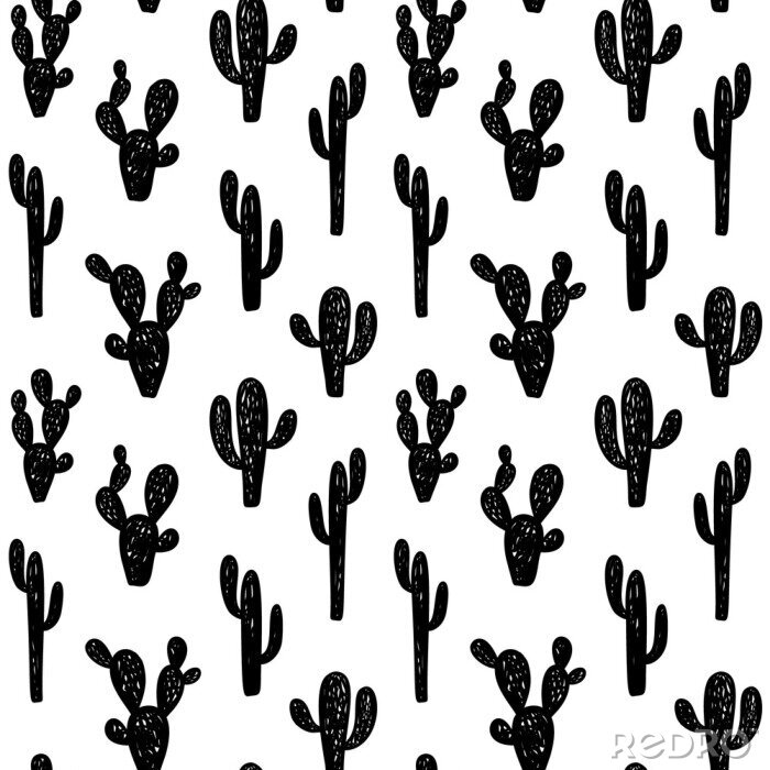 Tapete Hand drawn cute kids abstract seamless pattern with cactus. Rustic, boho simple black and white background. Cartoon illustration