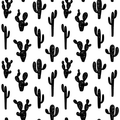 Tapete Hand drawn cute kids abstract seamless pattern with cactus. Rustic, boho simple black and white background. Cartoon illustration