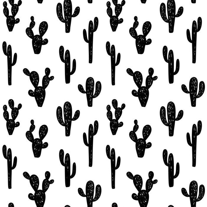 Tapete Hand drawn cute kids abstract seamless pattern with cactus. Rustic, boho simple black and white background. Cartoon illustration