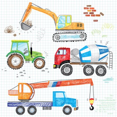 Tapete hand drawn doodles construction boy trucks tractor excavator crane 