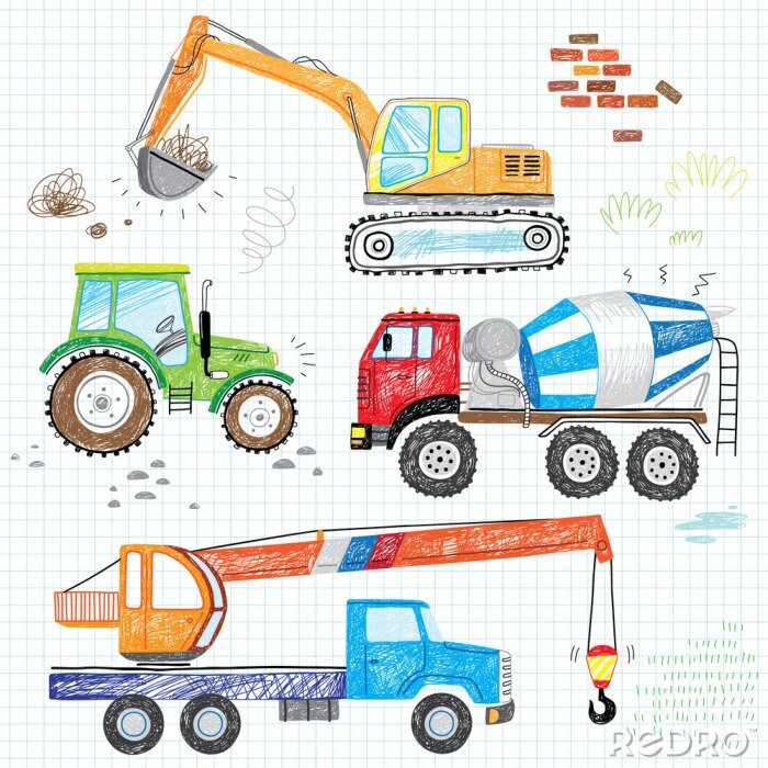 Tapete hand drawn doodles construction boy trucks tractor excavator crane 