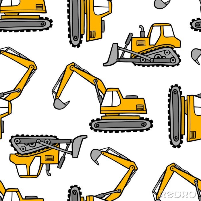 Tapete Hand drawn grips and bulldozers seamless vector pattern on white background.