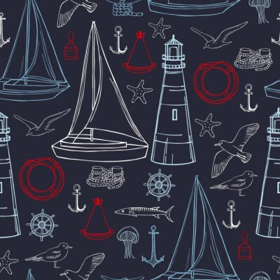 Tapete Hand drawn nautical icon set. Vector  seamless pattern