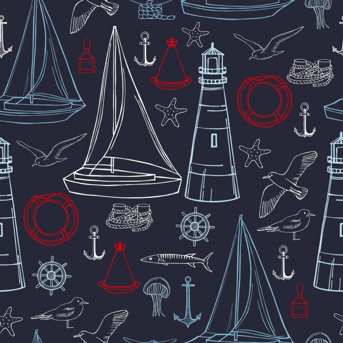 Tapete Hand drawn nautical icon set. Vector  seamless pattern