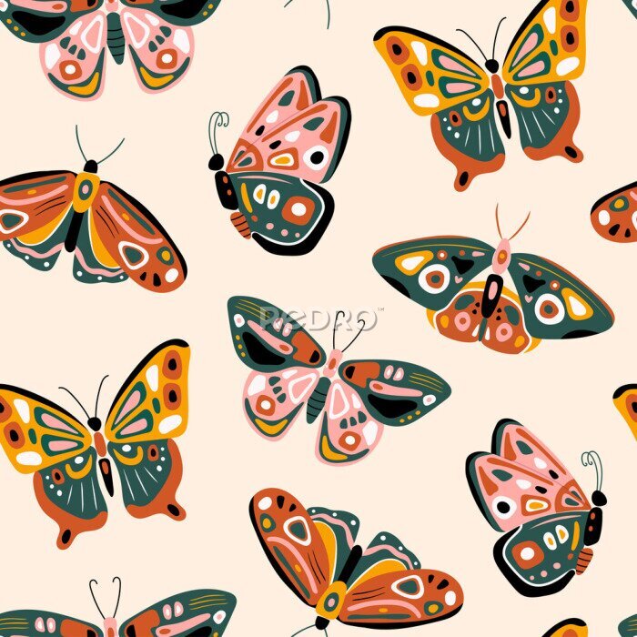 Tapete Hand drawn various beautiful Butterflies. Colorful Vector seamless pattern. Top view. Side view. Pastel colors. Trendy illustration. Background texture. Wallpaper