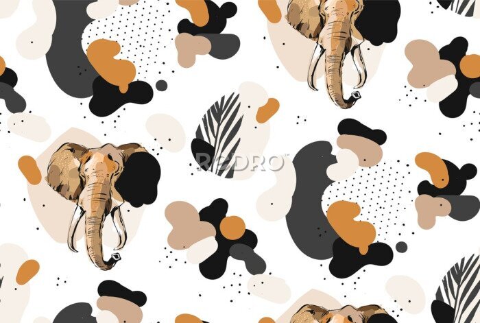 Tapete Hand drawn vector abstract creative graphic artistic illustrations seamless collage pattern with sketch elephant drawing and tropical palm leaves in tribal mottif isolated on white background