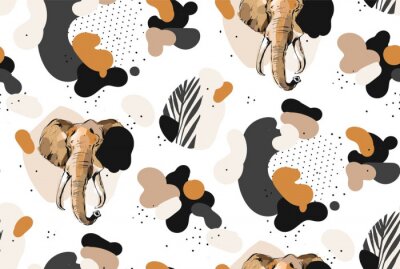 Tapete Hand drawn vector abstract creative graphic artistic illustrations seamless collage pattern with sketch elephant drawing and tropical palm leaves in tribal mottif isolated on white background