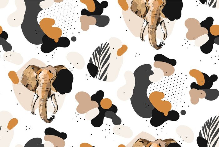 Tapete Hand drawn vector abstract creative graphic artistic illustrations seamless collage pattern with sketch elephant drawing and tropical palm leaves in tribal mottif isolated on white background