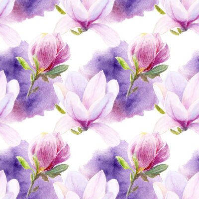 Tapete Hand drawn watercolor magnolia seamless pattern with watercolor spine on white background.