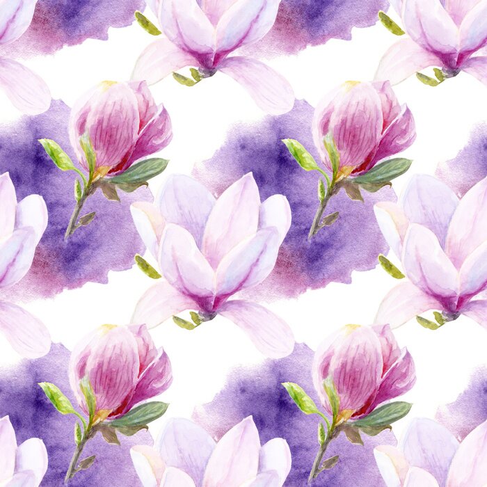 Tapete Hand drawn watercolor magnolia seamless pattern with watercolor spine on white background.