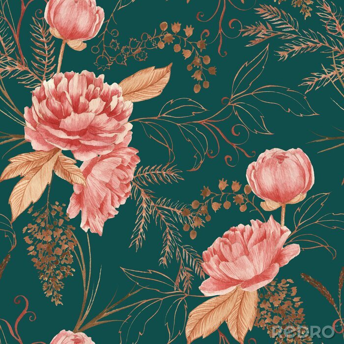 Tapete Hand drawn watercolor seamless pattern with pink peony and decorative plants. Repeat background illustration