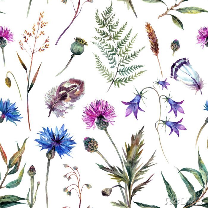 Tapete Hand gezeichnet Aquarell Wildblumen