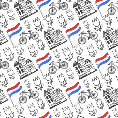 Tapete Hand gezeichnet nahtlose Muster mit Holland-Stadt-Elemente. Niederlande Hintergrund für Design. Vektor-Reisen