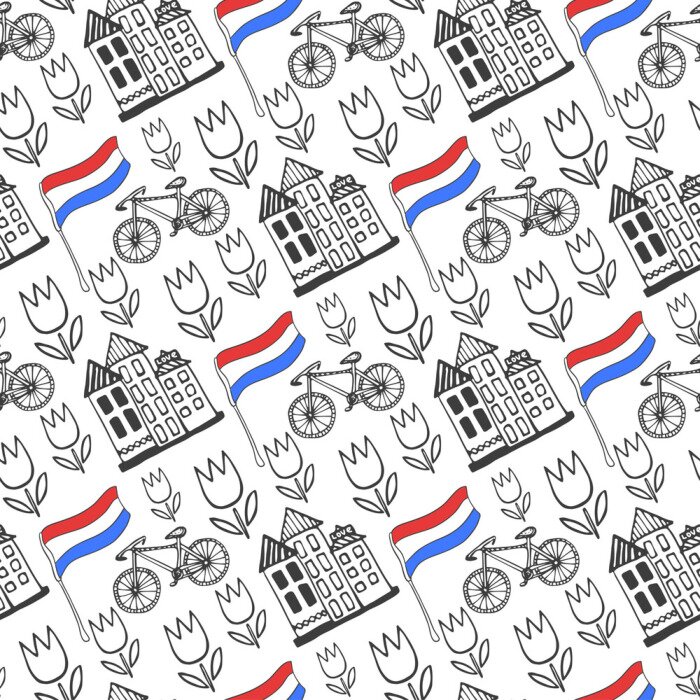 Tapete Hand gezeichnet nahtlose Muster mit Holland-Stadt-Elemente. Niederlande Hintergrund für Design. Vektor-Reisen