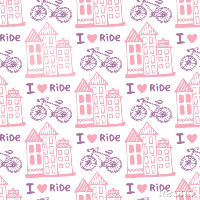 Tapete Hand gezeichnet nahtlose Muster mit niedlichen Häusern und Fahrrad in rosa Farben. Illustration Hintergrund im Vektor. Verwendet für Tapeten, Verpackung, Web-Seite Hintergrund, Oberflächenstrukturen