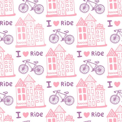 Tapete Hand gezeichnet nahtlose Muster mit niedlichen Häusern und Fahrrad in rosa Farben. Illustration Hintergrund im Vektor. Verwendet für Tapeten, Verpackung, Web-Seite Hintergrund, Oberflächenstrukturen